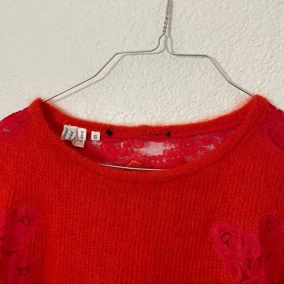 Vintage Red Italian Mohair and Wool Fuzzy Pullover Sweater With Lace Sleeves - Picture 2 of 15